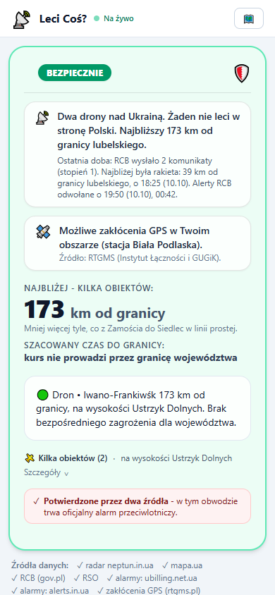 Ekran główny aplikacji Leci Coś? w stanie bezpiecznym, z najbliższym obiektem