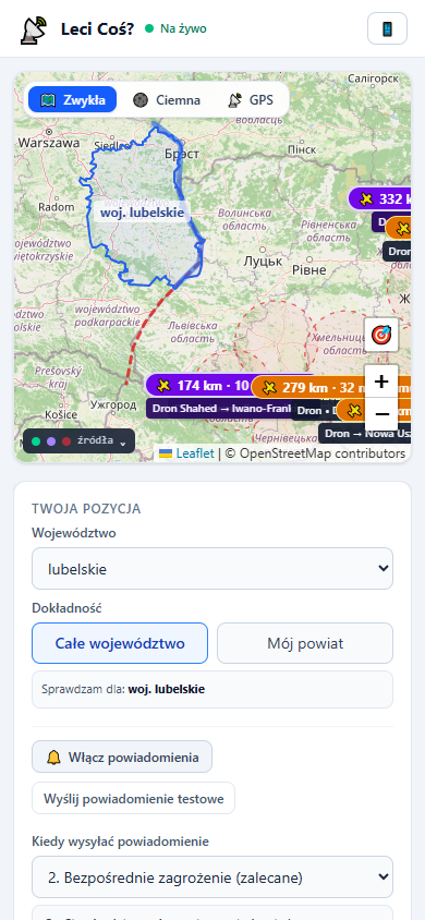 Mapa z granicą województwa lubelskiego, obiektami z radarów i wyborem województwa albo powiatu